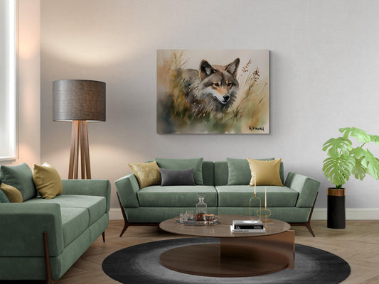 Wolf Ready To Pounce | Canvas Print | Wildlife Art | Cabin Art | Forest Art | Archer Kincaid | watercolor artful wall art