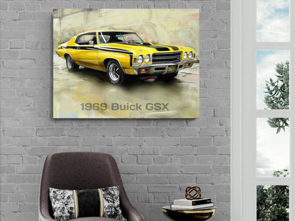 1970 Buick GSX Canvas Print | Yellow Vintage Auto Wall Art Decor | Retro Muscle Car | Car Lovers Poster Gift | Car Decor | Art Print