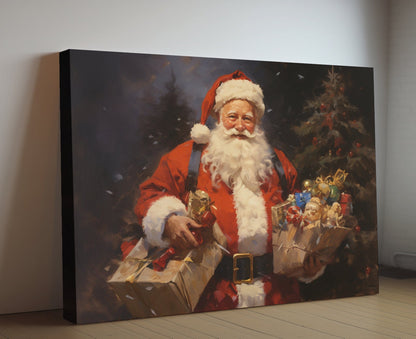 Jolly Saint Nick With Gifts Canvas Print, Festive Holiday Decor, Traditional Santa Art, Christmas Present Wall Art, Home Accent, Unique Xmas