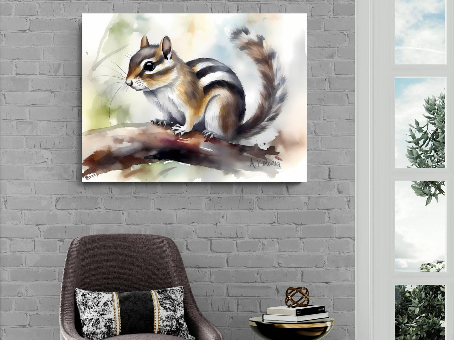 a painting of a squirrel perched on a branch, hanging on a wall above a brown armchair.
