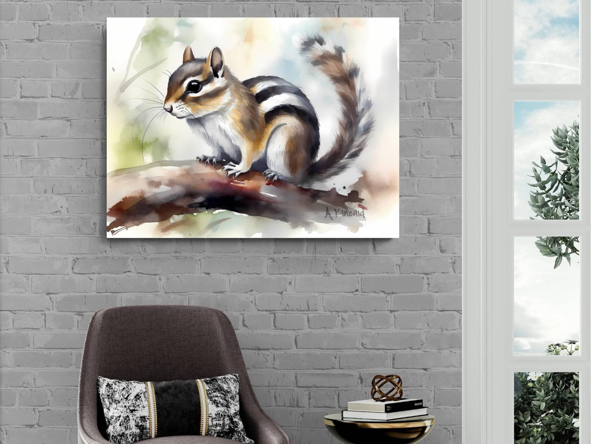 a painting of a squirrel perched on a branch, hanging on a wall above a brown armchair.