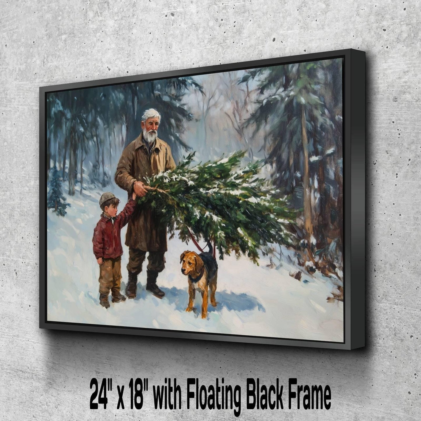 Christmas Tree Cutting Art Print | Grandfather Child Winter Forest | Holiday Tradition Wall Decor | Snowy Woods Family Scene | Xmas Tree