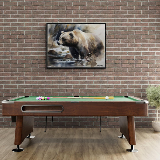 Grizzly Bear in Serene Stream | Brown Bear Watercolor Forest Series | Canvas Print | Wildlife Art | Cabin Art | Archer Kincaid