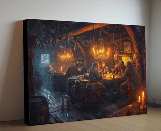 Pirate Tavern Interior Canvas, Rum Bar Scene Print, Nautical Pub Wall Decor, Golden Candlelight Maritime Painting, Seafarer Hideout
