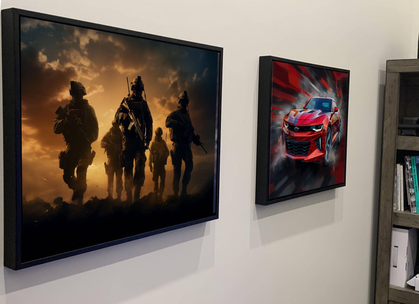 two framed artworks hanging on a wall. The left frame depicts a group of soldiers in a dramatic, fiery scene, while the right frame showcases a red sports car with a blurred, high-speed background.