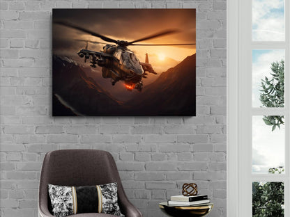 a helicopter flying over a mountainous landscape at sunset, with the sun setting behind the mountains.