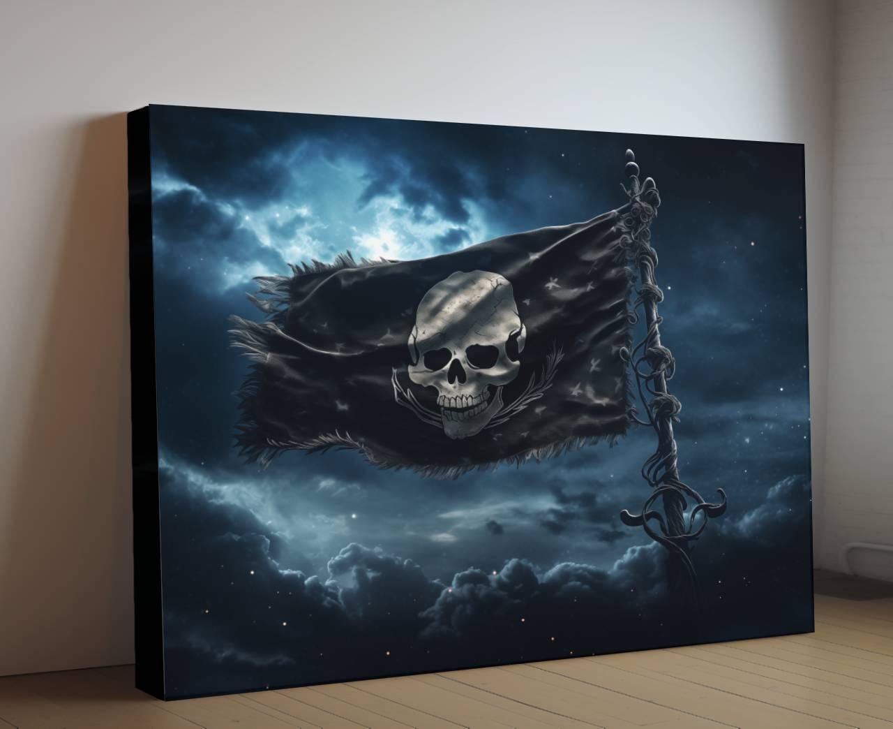 Black Pirate Flag Canvas Art, Jolly Roger Skull Print, Gothic Nautical Wall Decor, Crossbones Maritime Painting, Dark Pirate Wall Art