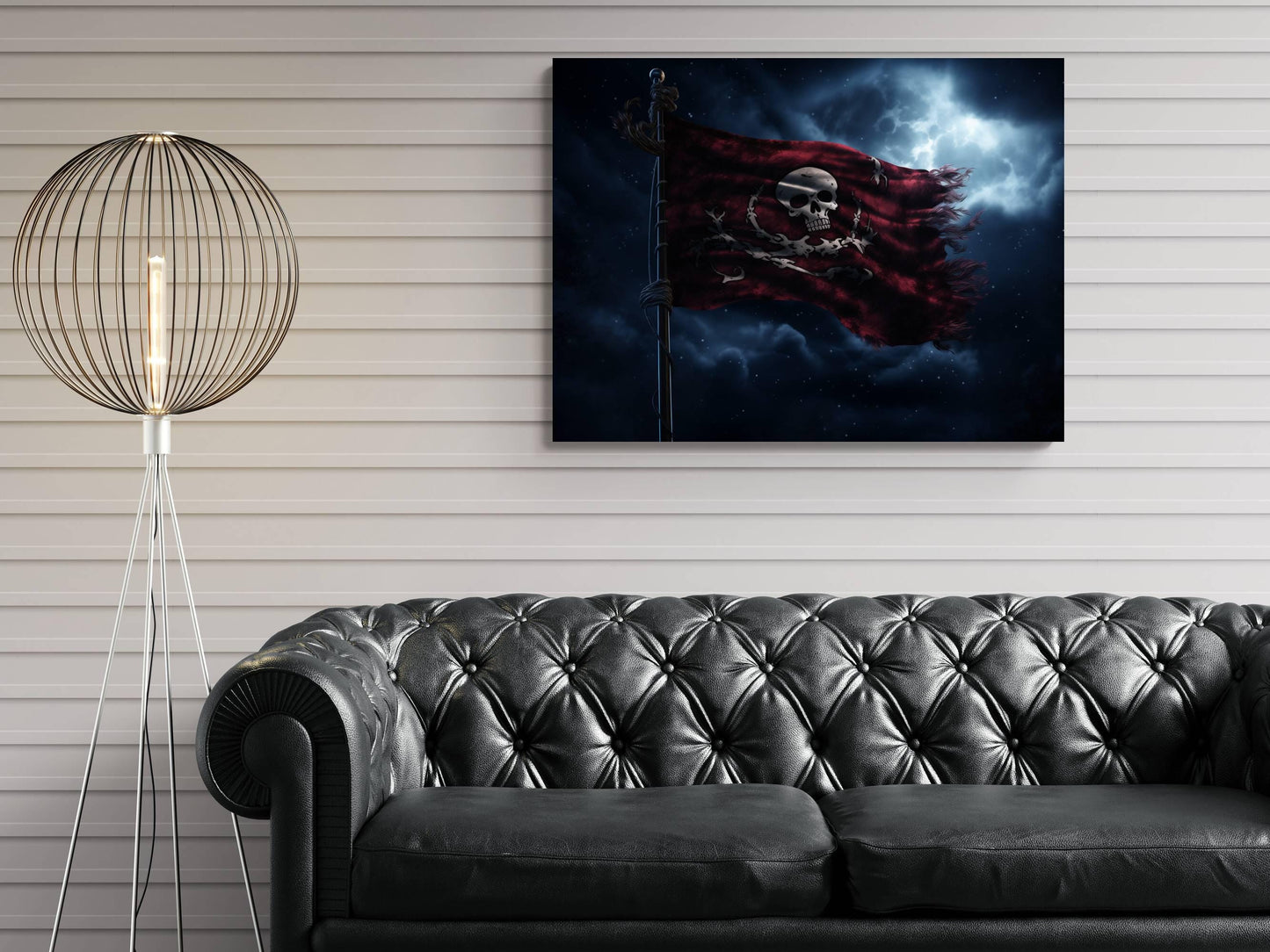 Pirate Flag Red Canvas Art, Jolly Roger Skull Print, Gothic Nautical Wall Decor, Dark Pirate Ship Flag Painting, Maritime Home Artwork