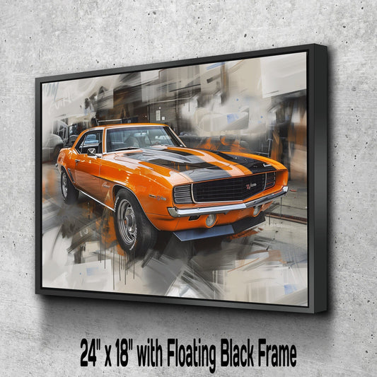 1969 Chevrolet Camaro Z/28 Canvas Print | Vintage Auto Wall Art Decor | Orange/Black SS/RS Retro Muscle Car | Car Lovers Mancave Decore