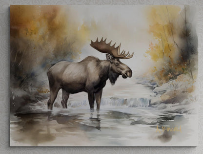 a painting of a moose standing in a stream