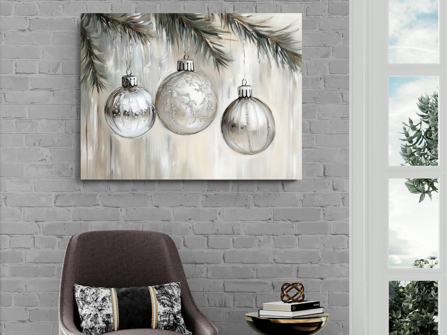 Silver Christmas Ornaments Print | Glass Baubles Evergreen Branch Art | Holiday Tree Decorations Wall Decor | Xmas Ornament Painting