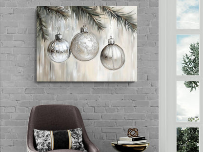 Silver Christmas Ornaments Print | Glass Baubles Evergreen Branch Art | Holiday Tree Decorations Wall Decor | Xmas Ornament Painting