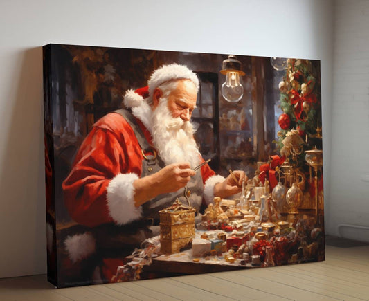 Santa Claus Print - Santa Claus Crafting Toys, Traditional Christmas Decor, Holiday Artwork, Festive Season Canvas Print, Santa Workshop