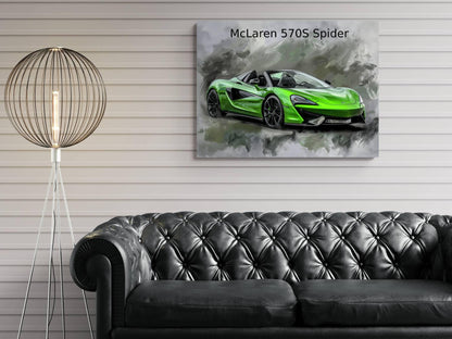 2018 McLaren 570S Spider Green Canvas Print | Red Sports Car Auto Wall Art Decor | New Sports Car | Car Lovers Poster Gift