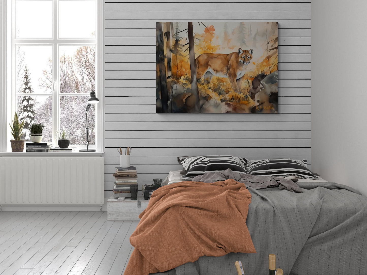 Mountain Lion in Forest  | Canvas Print | Wildlife Art | Cabin Art | Forest Art | Archer Kincaid