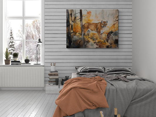 Mountain Lion in Forest  | Canvas Print | Wildlife Art | Cabin Art | Forest Art | Archer Kincaid