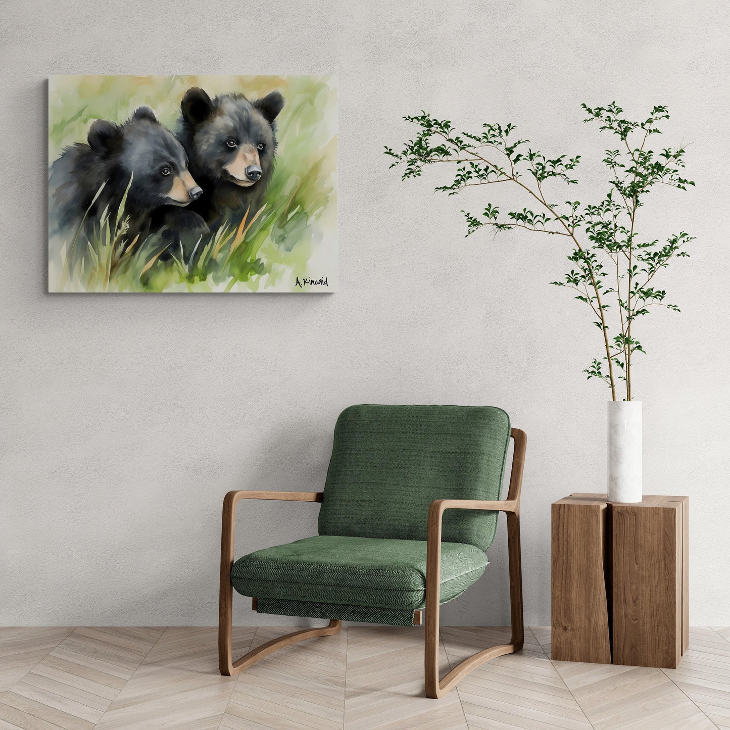 Black Bear Cubs in Grass | Canvas Print | Wildlife Art | Cabin Art | Forest Art | Archer Kincaid | watercolor bears | baby bear watercolor