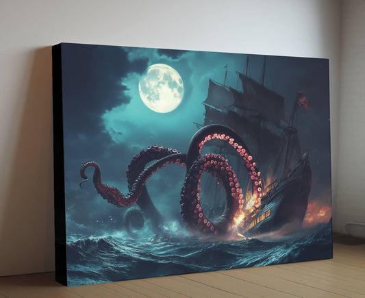 Kraken Attack Pirate Ship Canvas, Giant Octopus Tentacles Print, Fantasy Nautical Wall Decor, Moonlit Sea Monster Painting