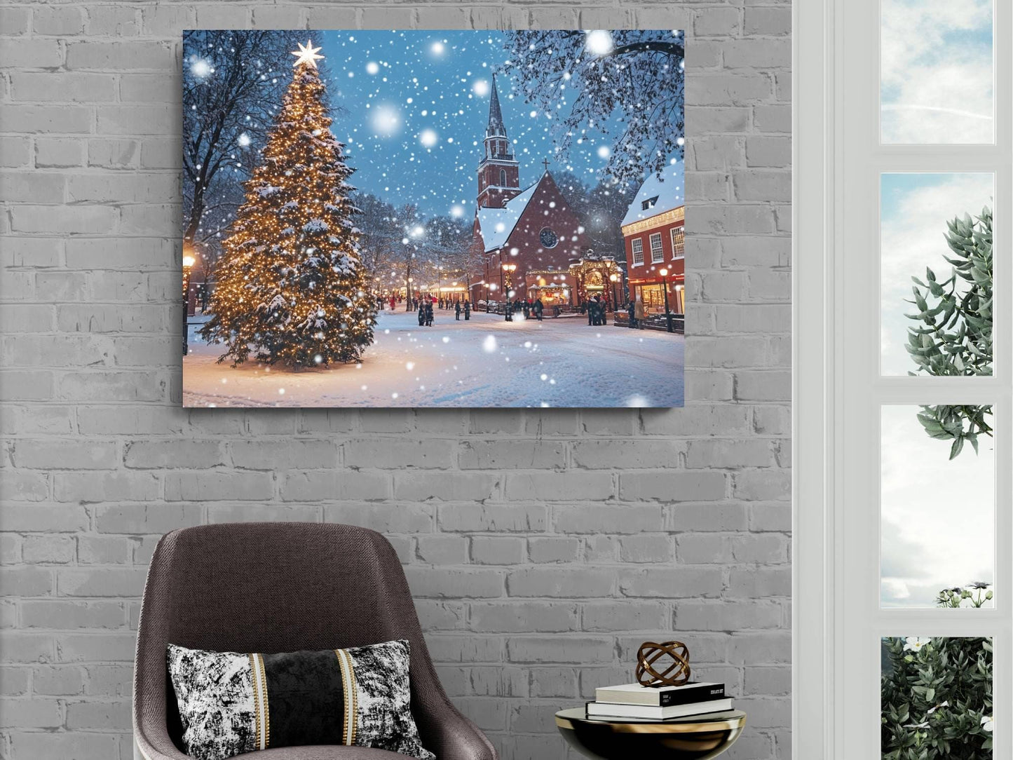 Christmas Tree Town Square Print | Snowy Church Holiday Wall Art | Festive Winter Village Scene | Xmas Lights Snow Painting | Holiday Decor