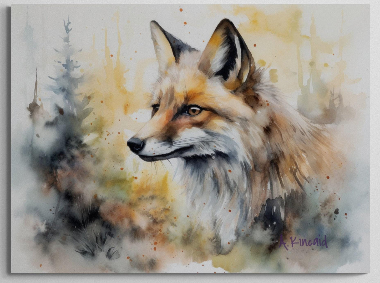 a painting of a fox in the woods