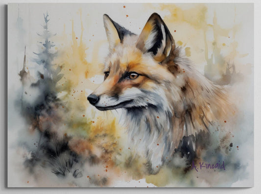 a painting of a fox in the woods