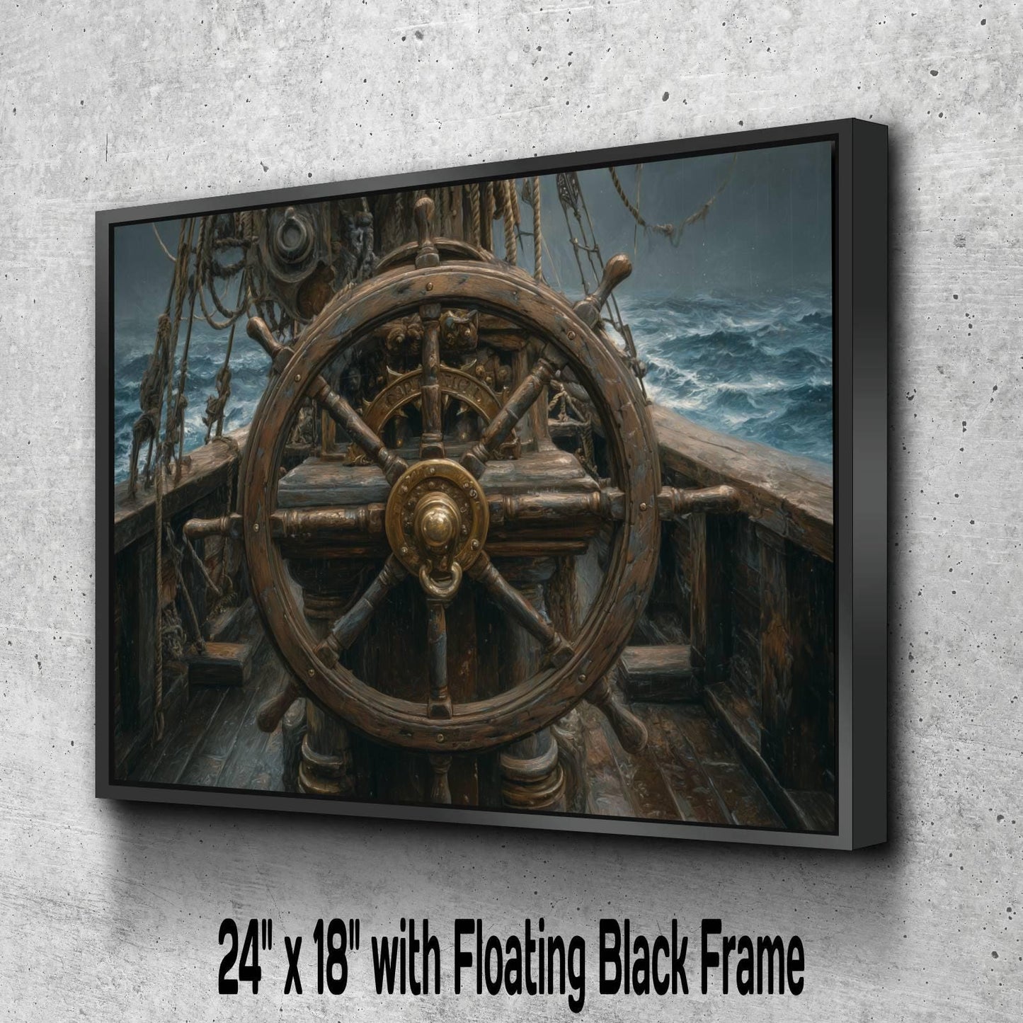 Pirate Ship Wheel Canvas, Helm Steering Print, Nautical Maritime Wall Decor, Weathered Wooden Deck Painting, Captain's Command
