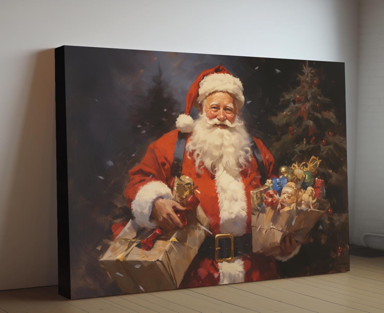 Jolly Saint Nick With Gifts Canvas Print, Festive Holiday Decor, Traditional Santa Art, Christmas Present Wall Art, Home Accent, Unique Xmas