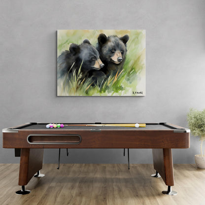 Black Bear Cubs in Grass | Canvas Print | Wildlife Art | Cabin Art | Forest Art | Archer Kincaid | watercolor bears | baby bear watercolor