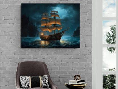 Pirate Ship at Night Canvas Art, Glowing Sails Ocean Print, Dark Nautical Wall Decor, Moonlit Maritime Painting, Sailing Ship Artwork