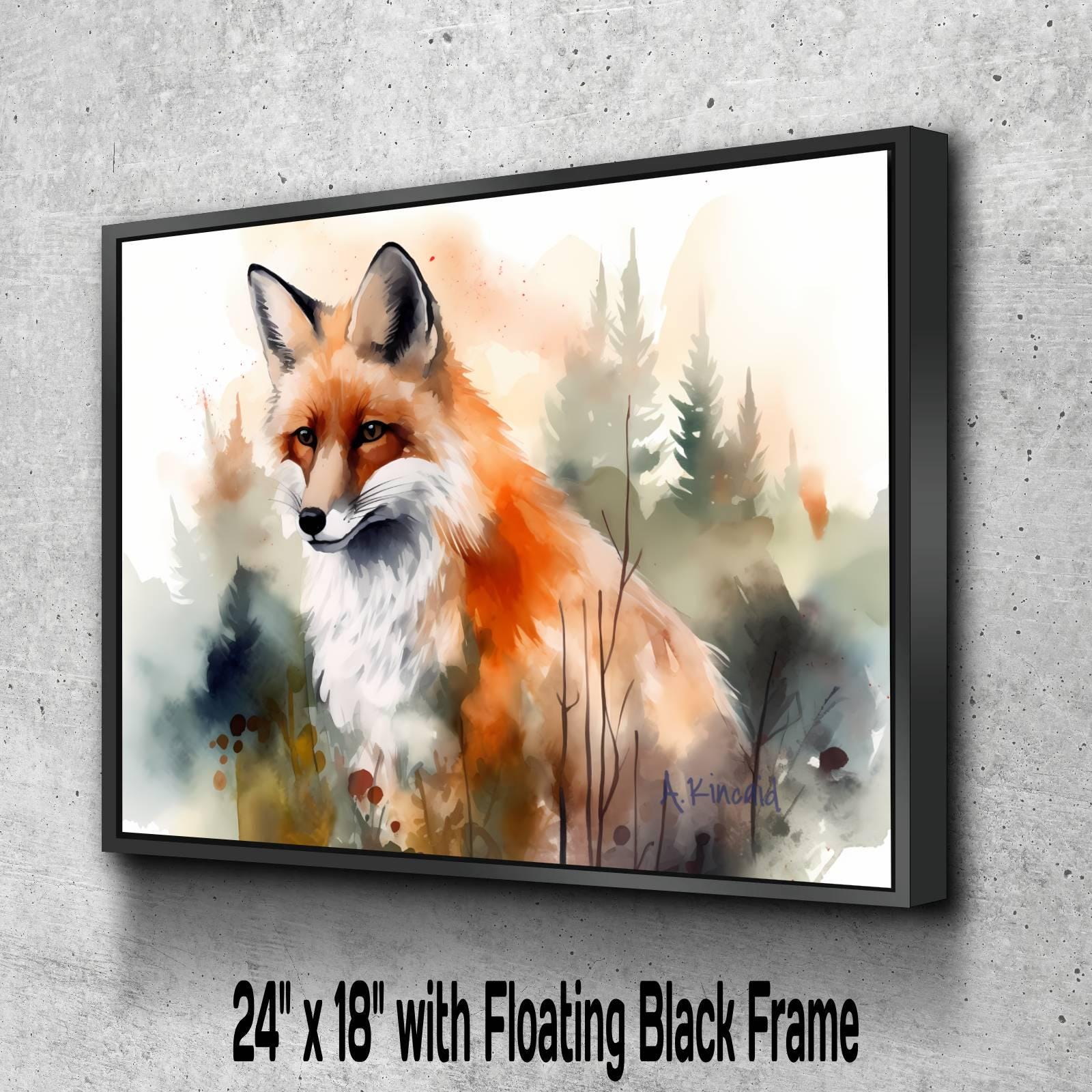 A digital painting of a fox in a forest setting, with a floating black frame.