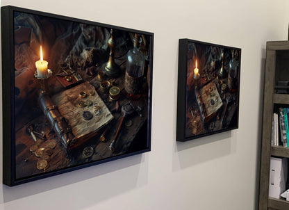 Pirate Personal Effects Canvas, Treasure Map Journal Print, Gold Coins Still Life Decor, Candlelit Maritime Belongings
