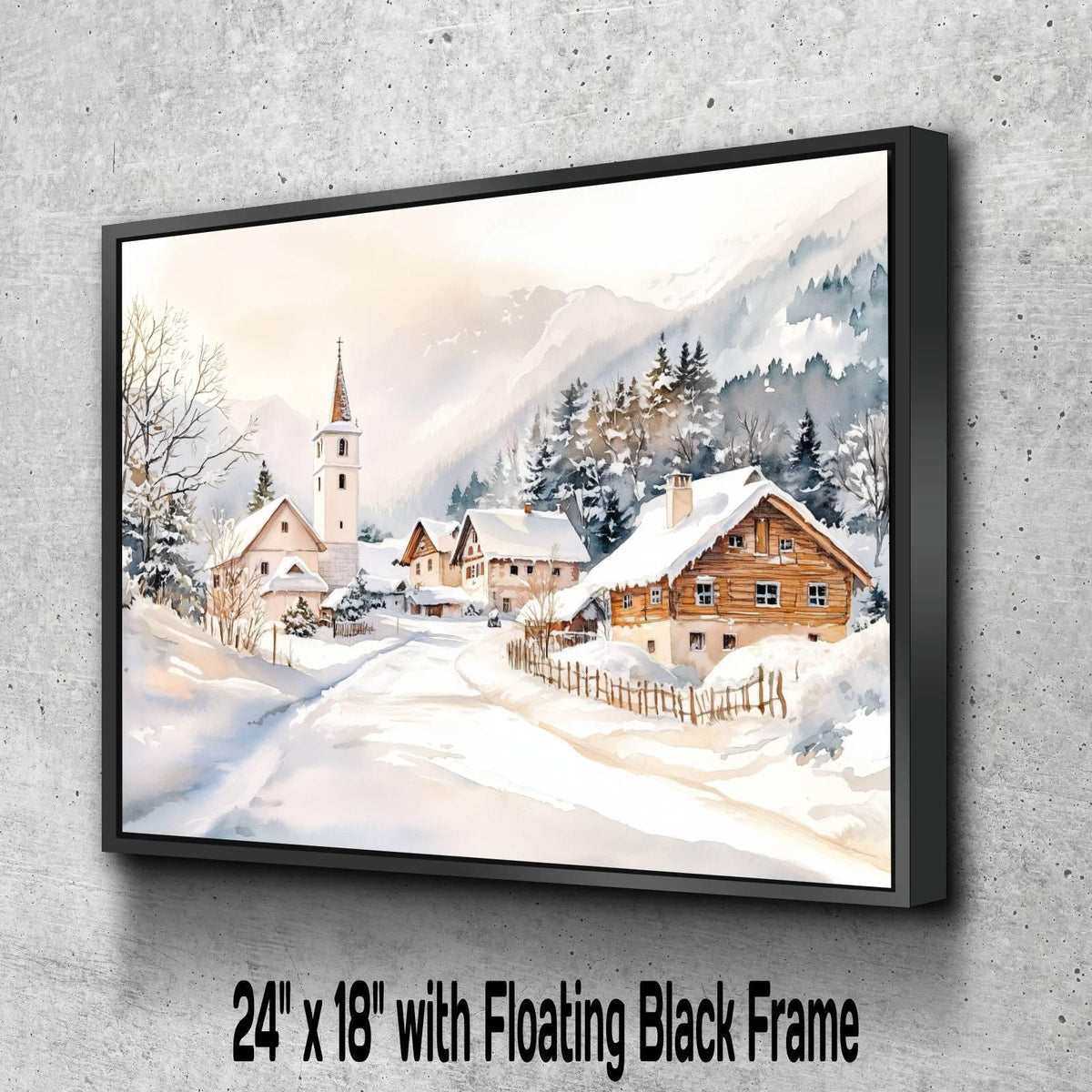 Alpine Winter Village Print | Snowy Mountain Church Wall Art |European Cottage Landscape | Christmas Watercolor Painting | Rustic Snow Scene
