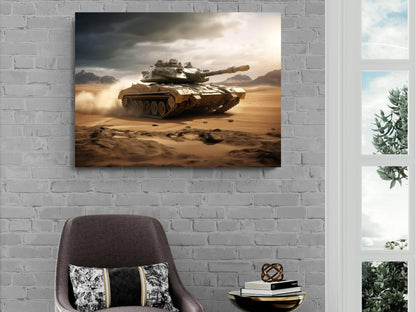 A large wall-mounted canvas print depicting a military tank in a desert landscape, with a dramatic sky and clouds in the background.