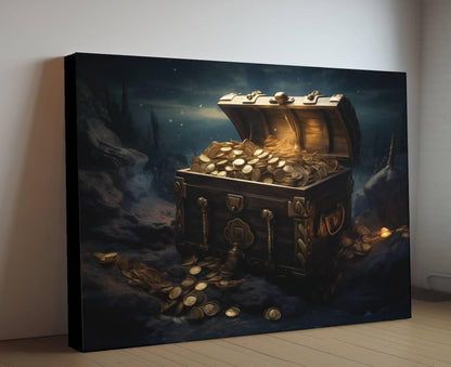 Pirate Treasure Chest Canvas Art, Gold Coins Print, Dark Nautical Wall Decor, Maritime Wealth Painting, Adventure Home Art