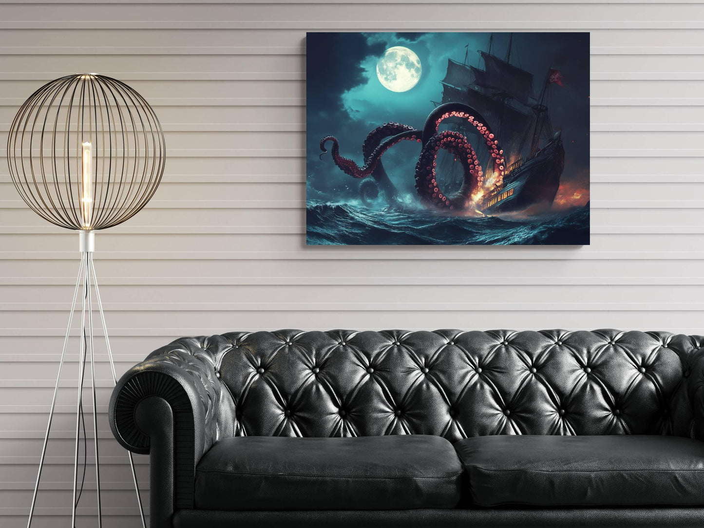 Kraken Attack Pirate Ship Canvas, Giant Octopus Tentacles Print, Fantasy Nautical Wall Decor, Moonlit Sea Monster Painting