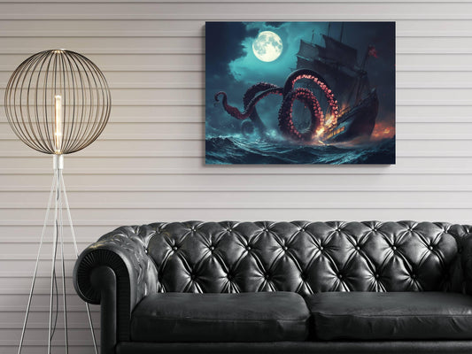 Kraken Attack Pirate Ship Canvas, Giant Octopus Tentacles Print, Fantasy Nautical Wall Decor, Moonlit Sea Monster Painting