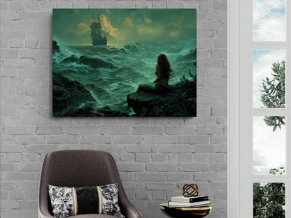 Mermaid Watching Pirate Ship Canvas, Stormy Ocean Print, Fantasy Nautical Wall Decor, Teal Seascape Painting, Maritime Artwork