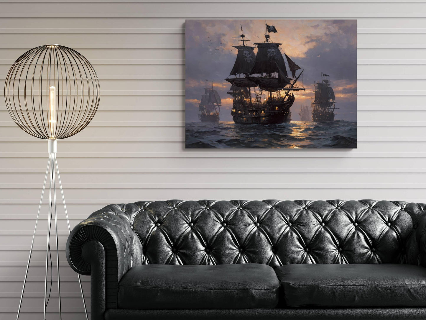 Pirate Fleet Sunset Canvas, Jolly Roger Ships Print, Golden Hour Nautical Wall Decor, Skull Flag Galleons Oil Painting Style