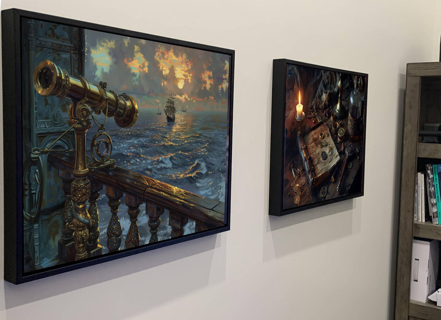 Brass Pirate Spyglass Telescope Canvas, Ornate Navigation Tool Print, Sunset Ocean View Wall Decor, Maritime Equipment Painting