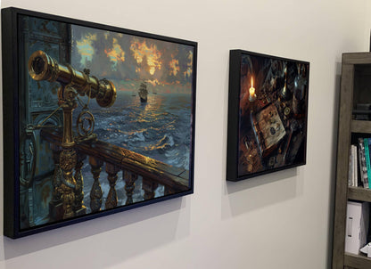 Brass Pirate Spyglass Telescope Canvas, Ornate Navigation Tool Print, Sunset Ocean View Wall Decor, Maritime Equipment Painting