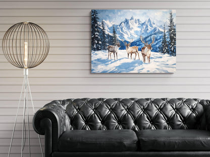 Winter Reindeer Art Print | Snowy Mountain Landscape Wall Decor | Christmas Caribou Nature Painting | Alpine Wildlife Scene | Xmas Animals