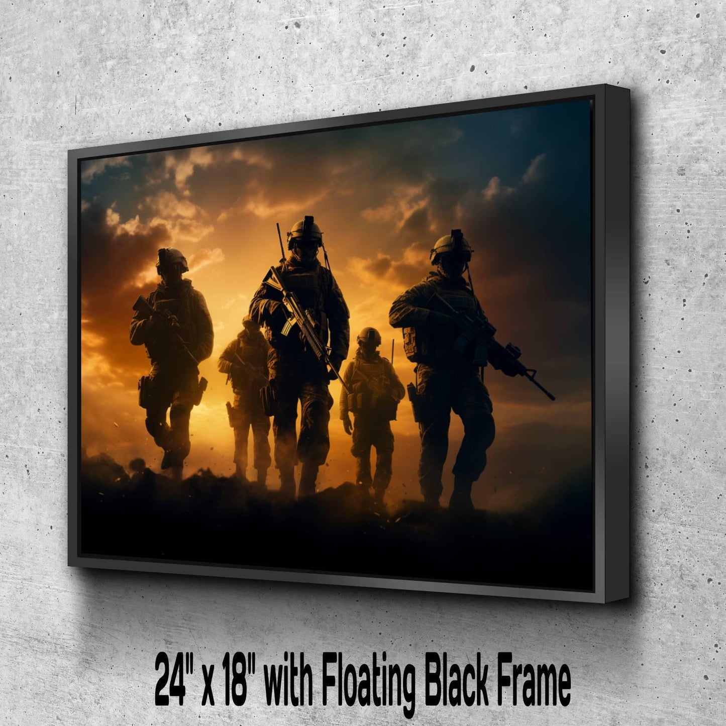 A group of soldiers in combat gear, silhouetted against a dramatic sky, with the text "24" x "18" with a floating black frame.