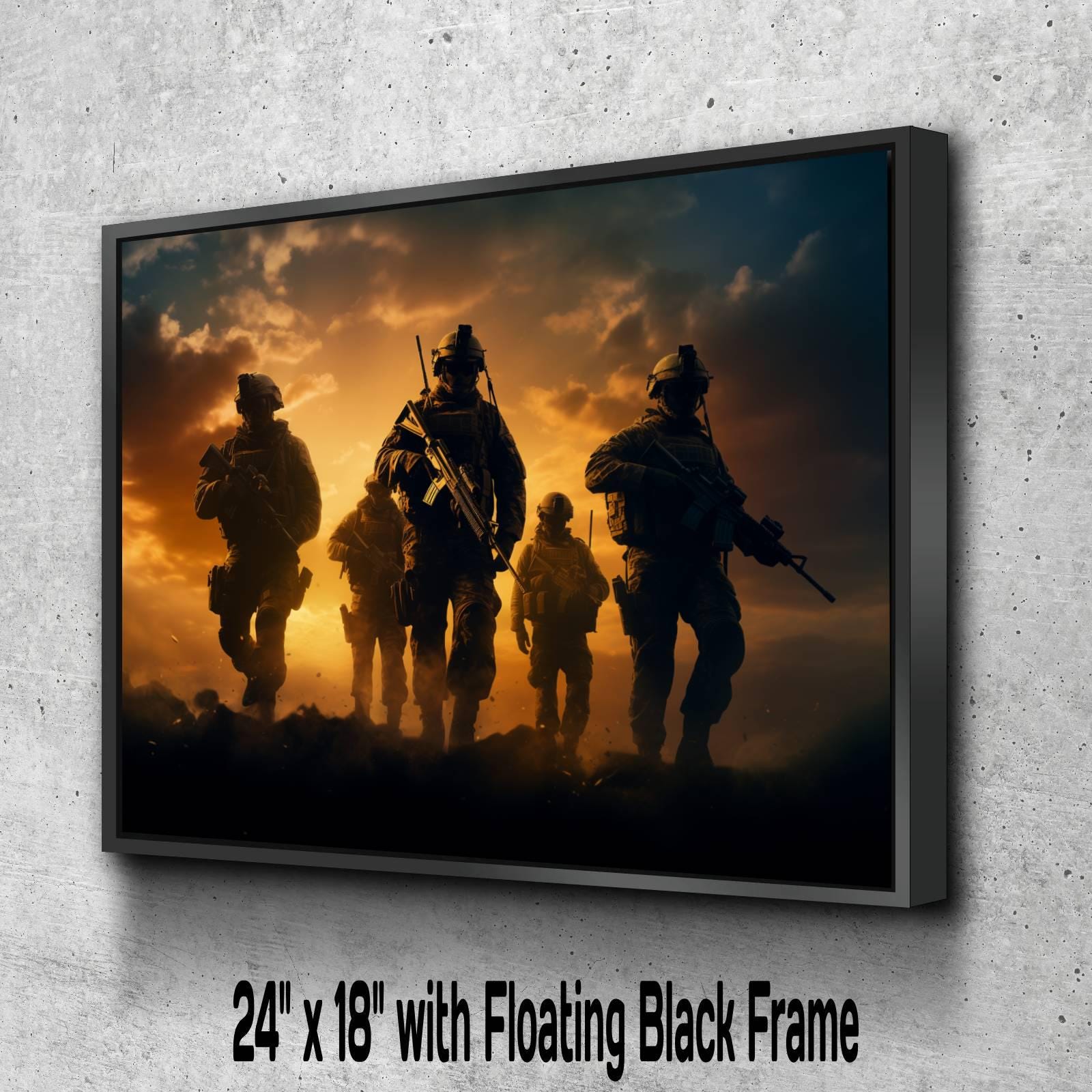 A group of soldiers in combat gear, silhouetted against a dramatic sky, with the text "24" x "18" with a floating black frame.