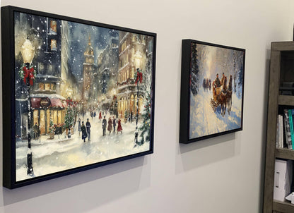Victorian Christmas Village Print | Snowy Town Square Wall Art | Holiday Watercolor Painting | Festive Winter Scene | Vintage Xmas Decor