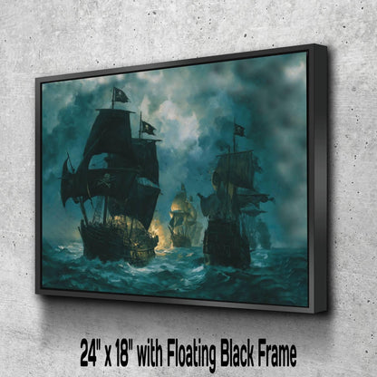 Pirate Naval Battle Canvas, Sea Warfare Ships Print, Jolly Roger Fleet Wall Decor, Burning Vessels Teal Ocean Painting