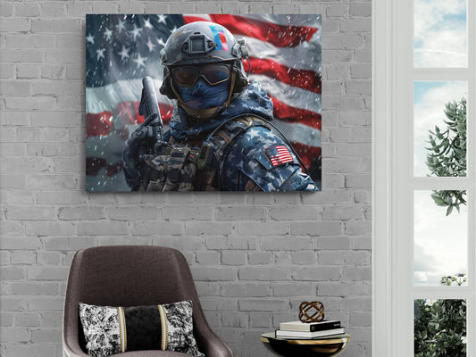 a person in a military uniform, holding a gun, standing in front of an American flag.