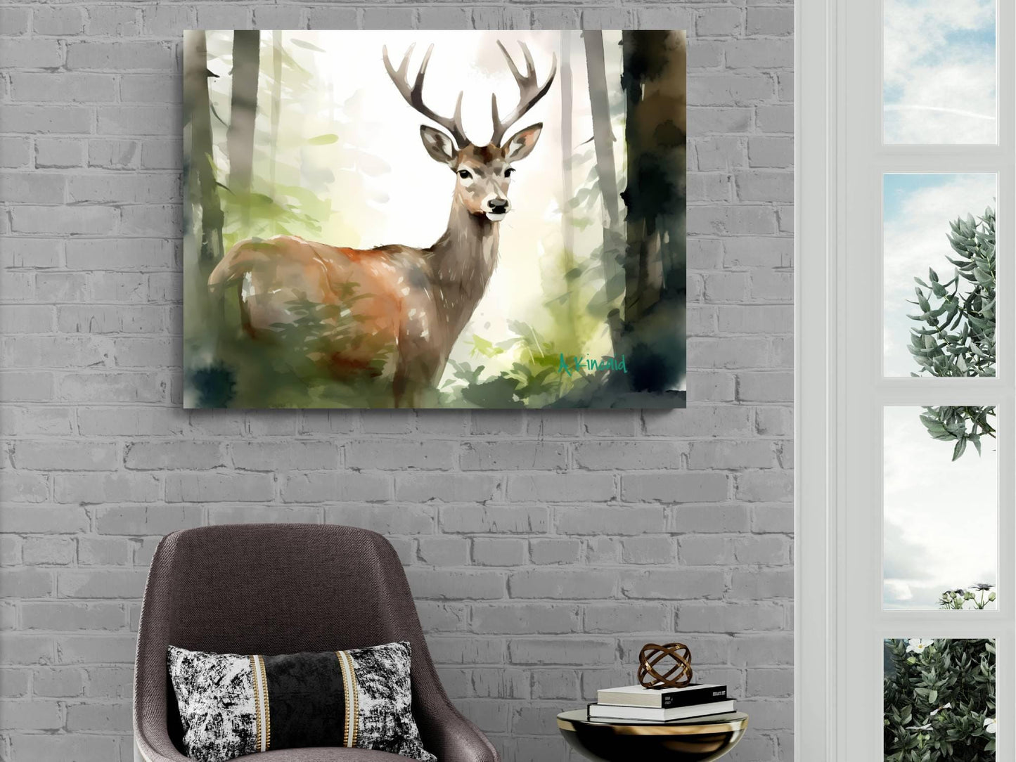 a deer standing in a forest, with a brick wall and a window in the background.