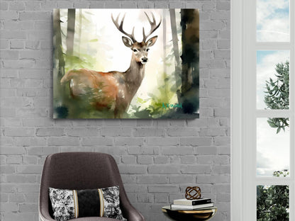 a deer standing in a forest, with a brick wall and a window in the background.