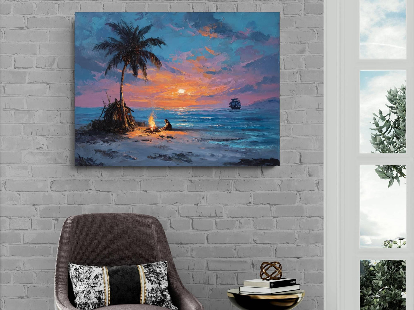 Pirate Castaway Island Canvas, Marooned Sailor Print, Deserted Beach Sunset Wall Decor, Signal Fire Oil Painting Style