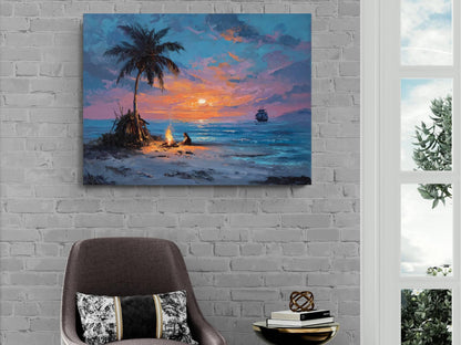 Pirate Castaway Island Canvas, Marooned Sailor Print, Deserted Beach Sunset Wall Decor, Signal Fire Oil Painting Style